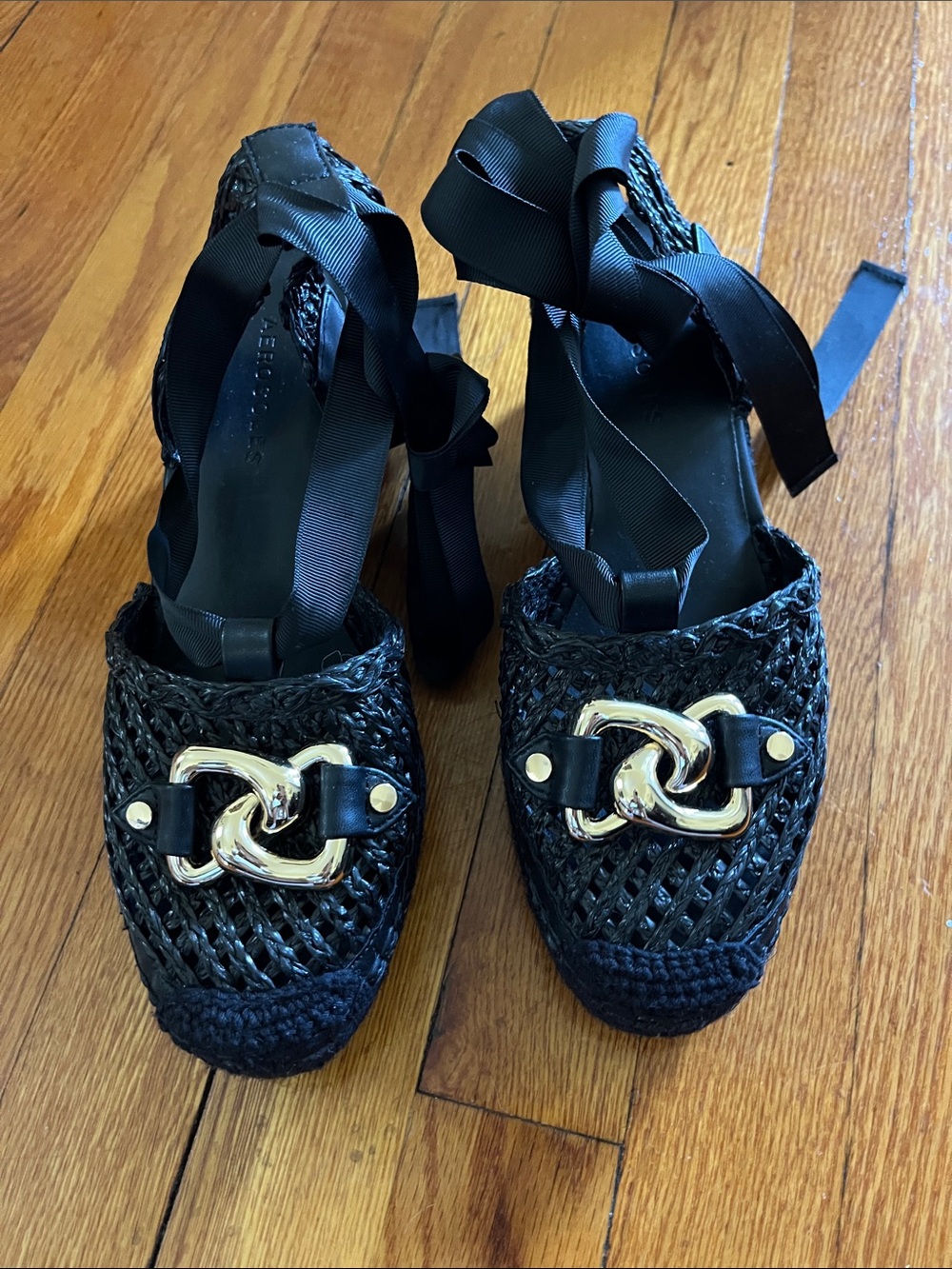 Aerosoles Black Woven Espadrille Flats with Gold Chain Accent